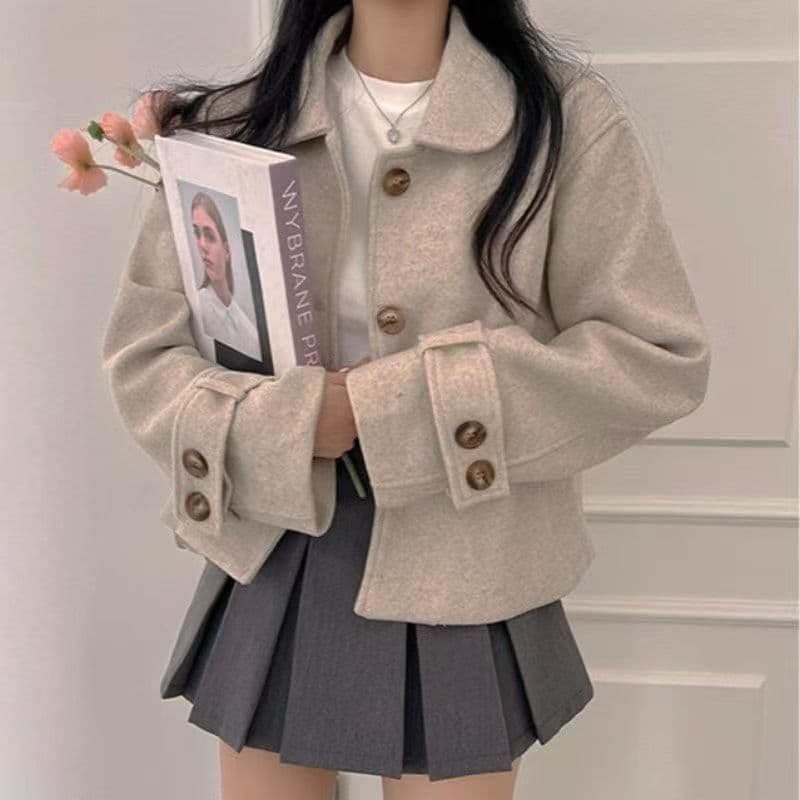한국 chic 가을 겨울 연령 감소 레트로 작은 대중 디자인 센스 베이비 칼라 쇼트 스타일 모직 여성 코트 상세 이미지 8