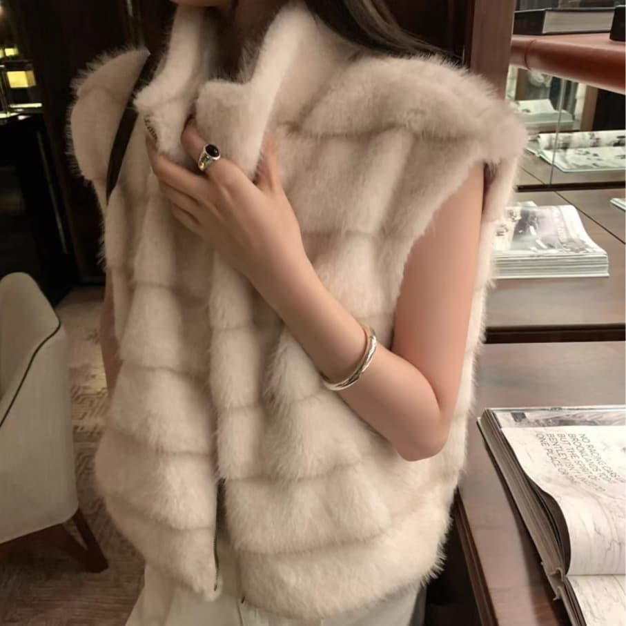 가을 겨울 새로운 지퍼 털이 많은 모조 모피 레트로 다용도 품격 여성 베스트 조끼 자켓 이미지 2