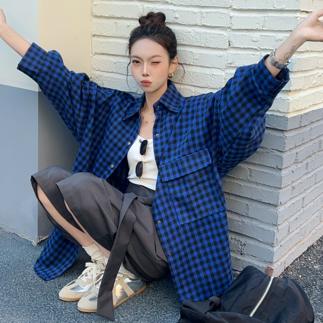 한국 스타일 격자 무늬 셔츠 빅 포켓 긴팔 루즈핏 캐주얼 자외선 차단 셔츠 여성 재킷 이미지 4