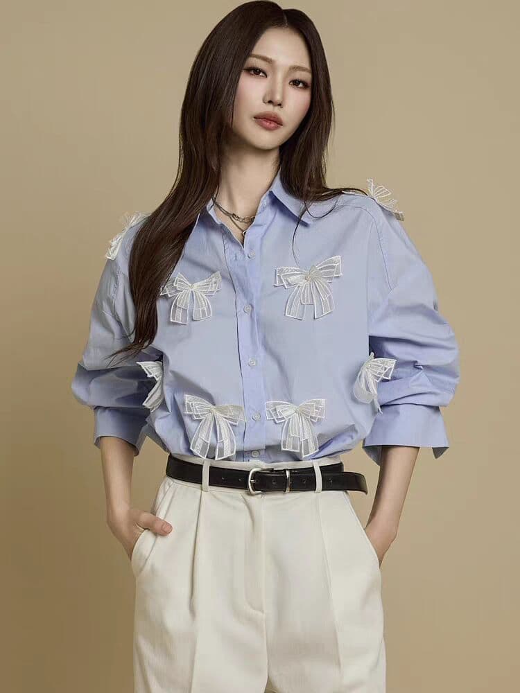 한국 동대문 3 차원 레이스 나비 매듭 루즈핏 폴로 칼라 중간 길이 여성 셔츠 대 에디션 셔츠 상세 이미지 10
