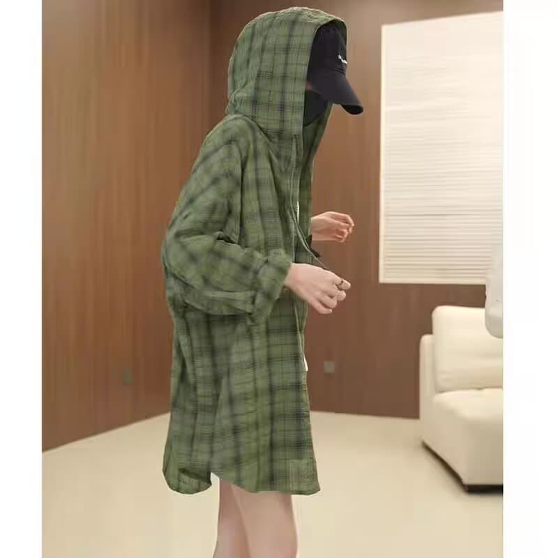 자외선 차단 질감 센스 체크무늬 여성 셔츠 야외 느긋한 바람 얇은 스타일 후드 커플 셔츠 재킷 트렌디 이미지 3