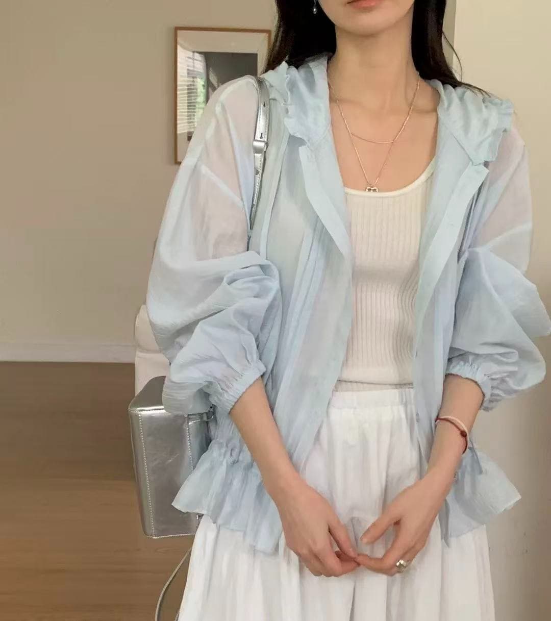 한국 chic 후드 레이스 펌프 로프 캐주얼 루즈핏 셔츠 스타일 얇은 코트 이미지 2