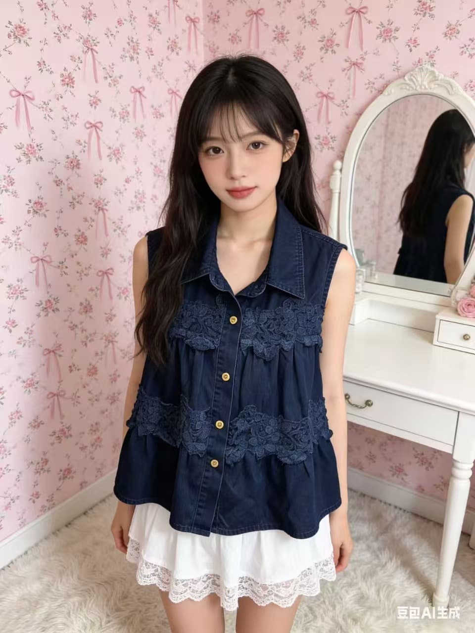 chic 프랑스식 이중층 레이스 민소매 데님 셔츠 상세 이미지 4