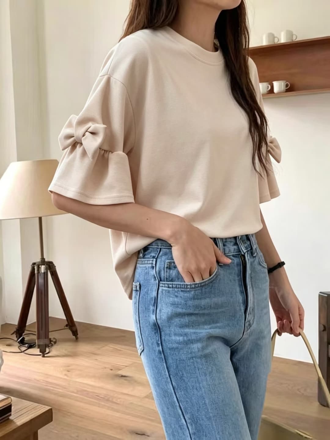 여름 반팔 단색 티셔츠 여성 나비 매듭 디자인 캐주얼 맨위 이미지 4