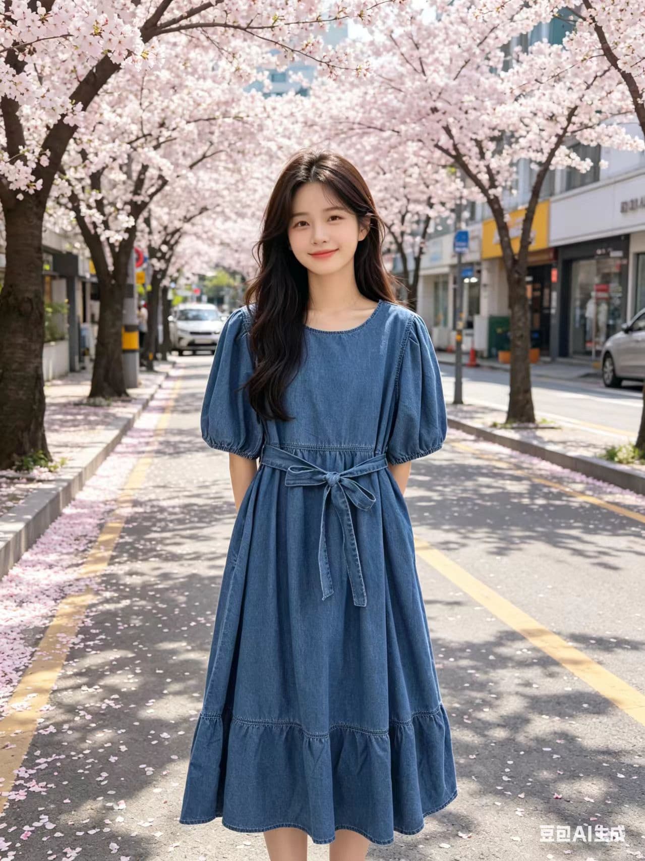 2026 새로운 한국 스타일 달콤함 레이스업 슬림해 보이는 반팔 데님 드레스 상세 이미지 2
