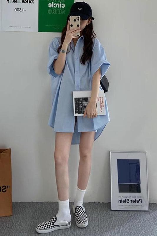 빅 사이즈 여성 의류 품격 패션 셔츠 슬림해 보이는 중간 길이 인터넷 유명인 루즈핏 셔츠 이미지 2