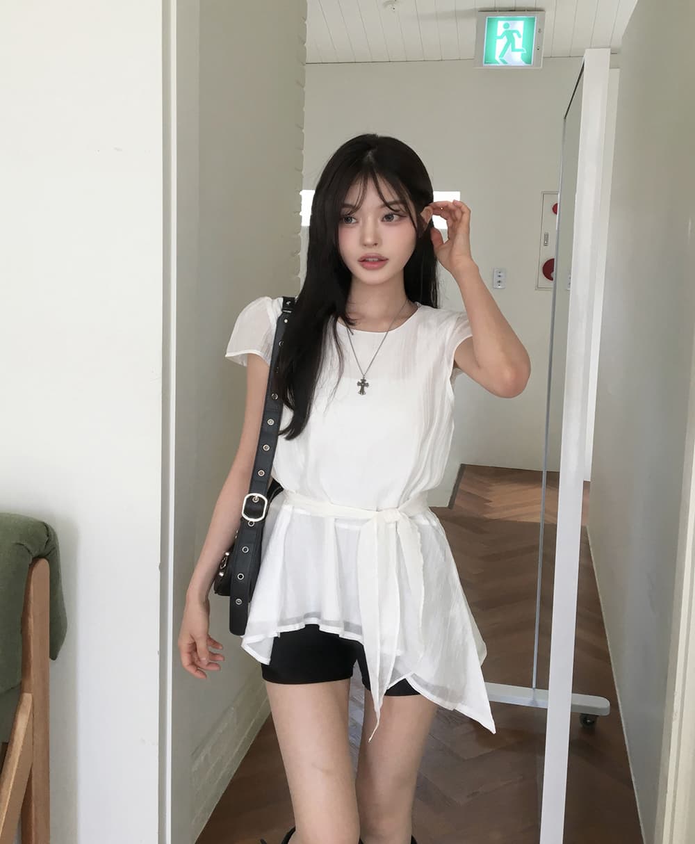 한국 chic 한국 스타일 불규칙 반팔 라운드 넥 셔츠 상세 이미지 7