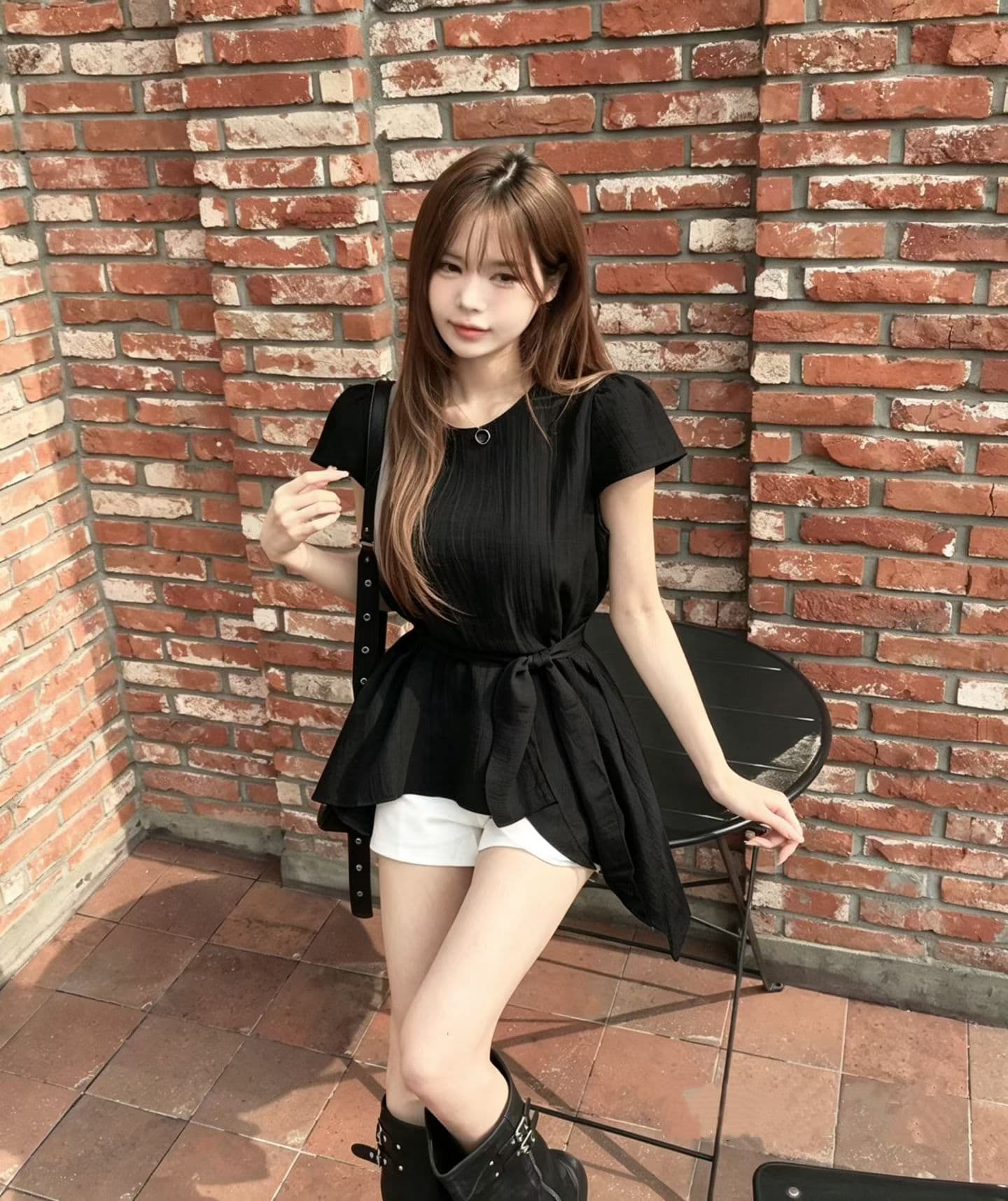 한국 chic 한국 스타일 불규칙 반팔 라운드 넥 셔츠 상세 이미지 16
