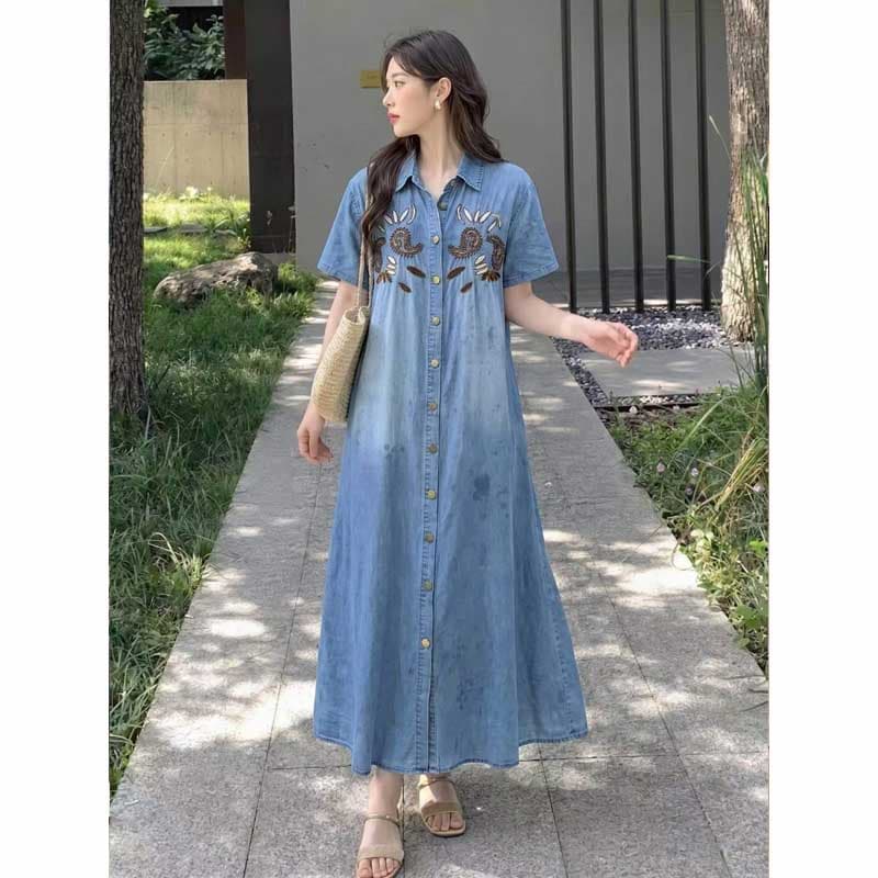 레트로 자수 데님 여성 드레스 여름 루즈핏 슬림해 보이는 롱 코트 무릎 아래 POLO 칼라 셔츠 드레스 이미지 3
