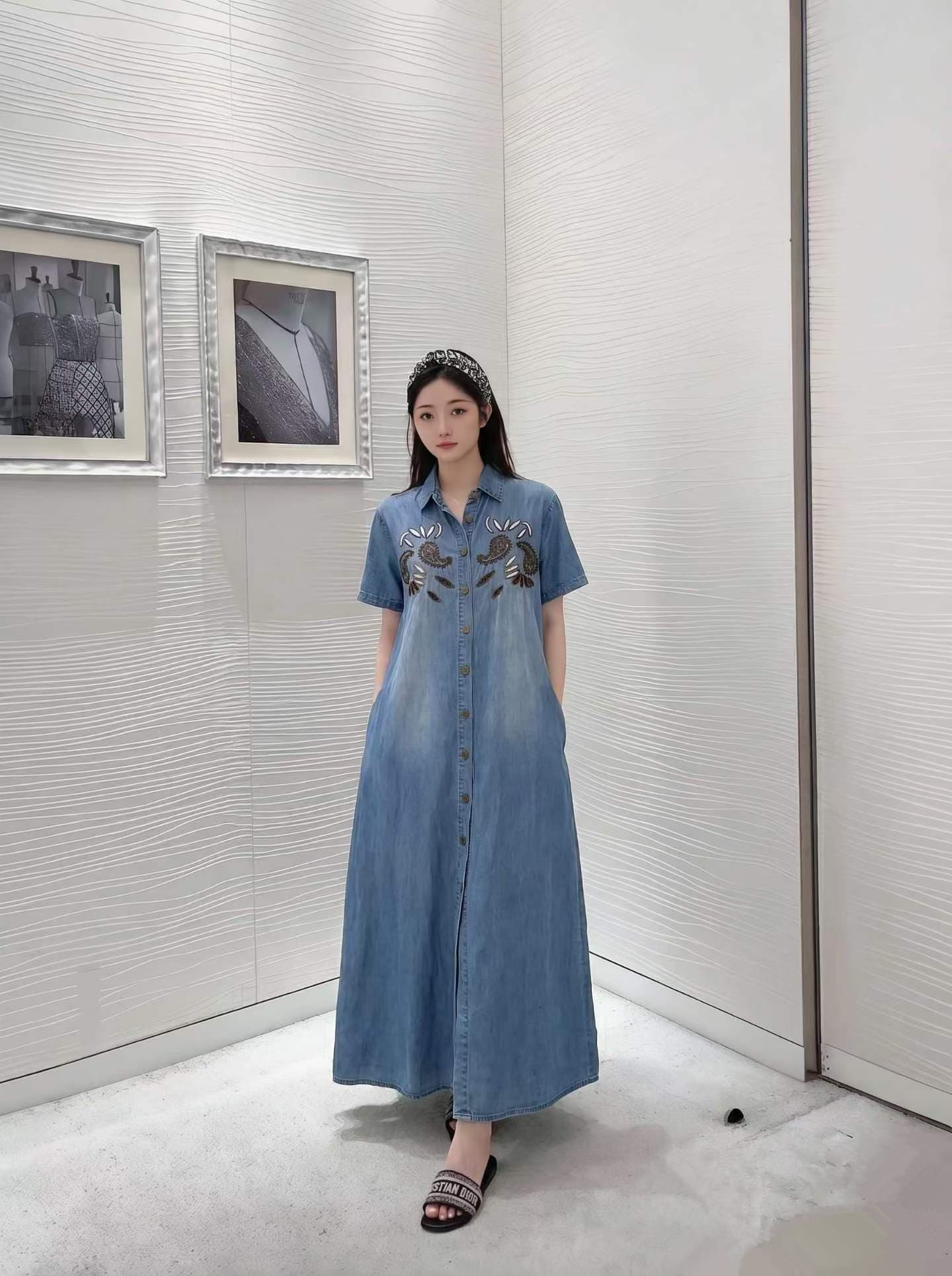 레트로 자수 데님 여성 드레스 여름 루즈핏 슬림해 보이는 롱 코트 무릎 아래 POLO 칼라 셔츠 드레스 상세 이미지 11