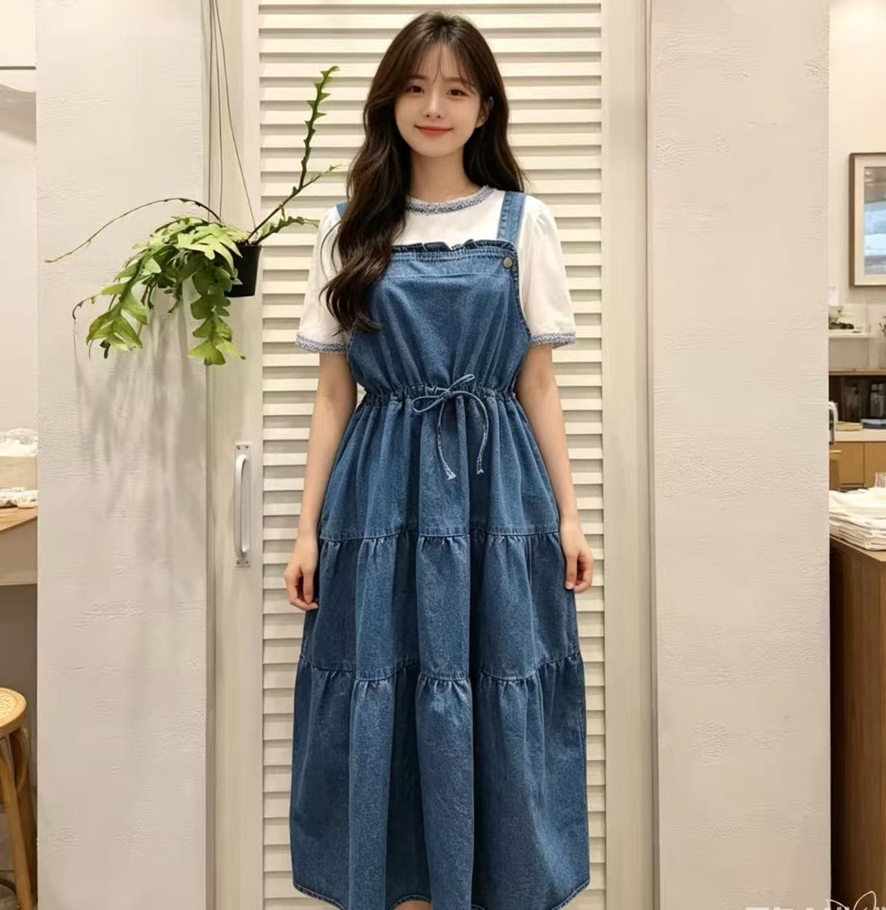 한국 26 여름 레이스업 허리 다용도 캐주얼 멜빵 드레스 이미지 3