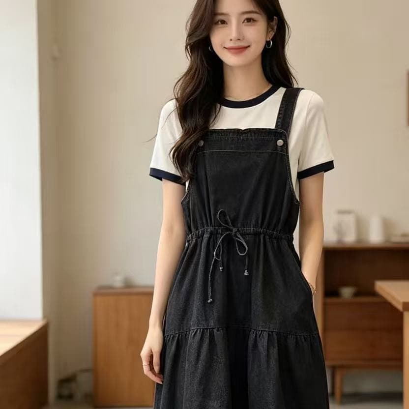 한국 26 여름 레이스업 허리 다용도 캐주얼 멜빵 드레스 이미지 5