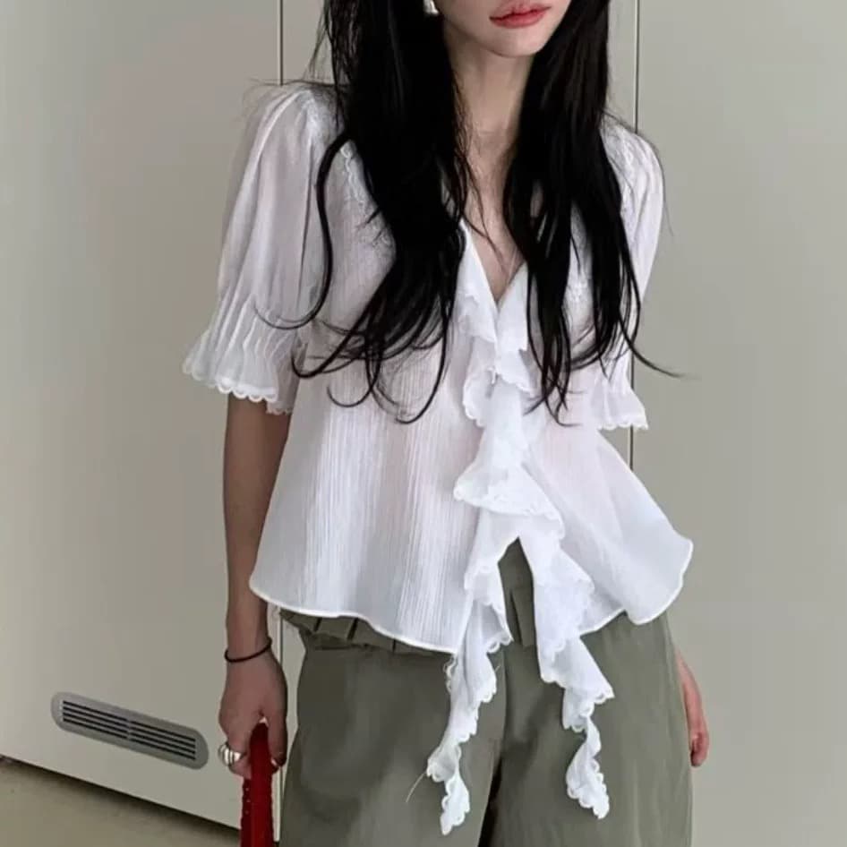 있음 창고 2026 새로운 부드러운 다용도 폴로 칼라 프릴 셔츠