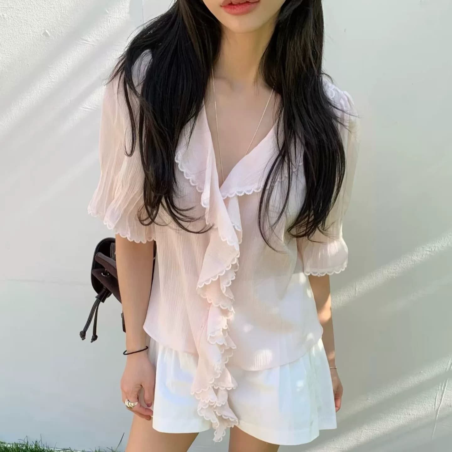 있음 창고 2026 새로운 부드러운 다용도 폴로 칼라 프릴 셔츠 상세 이미지 2