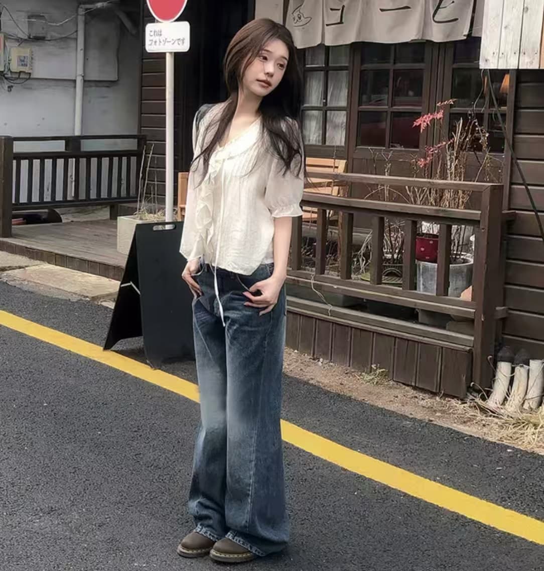 2026 달콤함 낭만주의 연령 감소 프릴 물결무늬 칼라 플리츠 레이스업 마이크로 ~을 통해 반팔 셔츠 상세 이미지 5