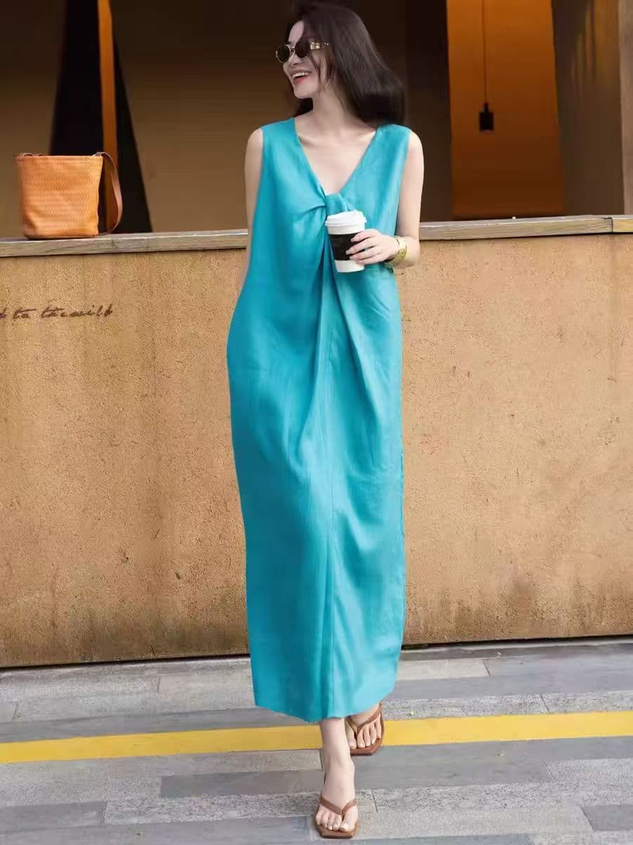 2026 새로운 휴가 바람 V넥 비틀림 루즈핏 드레스 상세 이미지 3