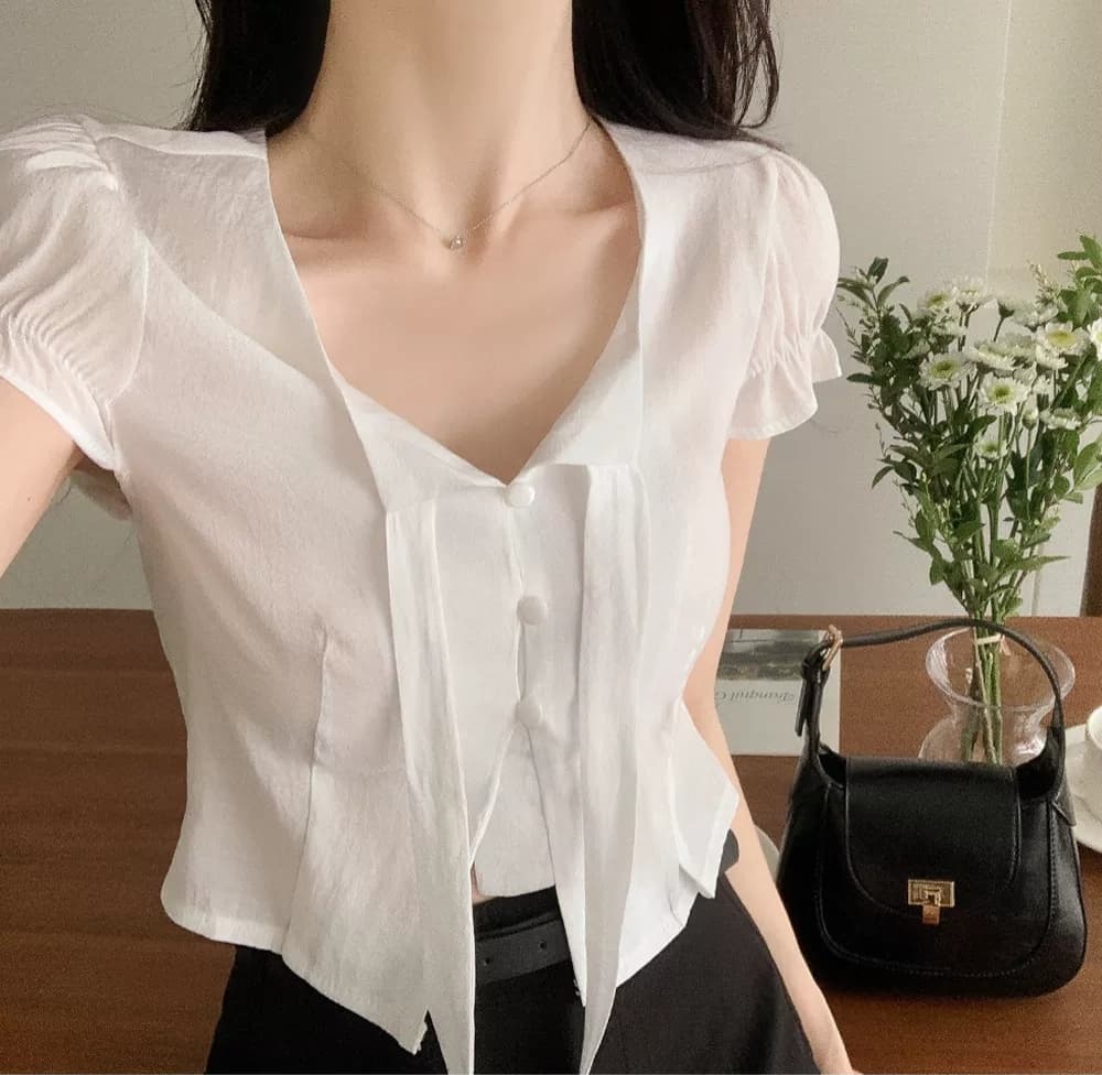 있음 선적 한국 ins 달콤함 품격 레이스업 반팔 셔츠 이미지 2
