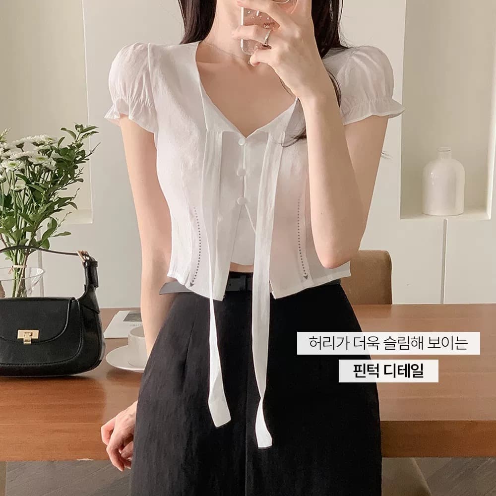 있음 선적 한국 ins 달콤함 품격 레이스업 반팔 셔츠 이미지 5