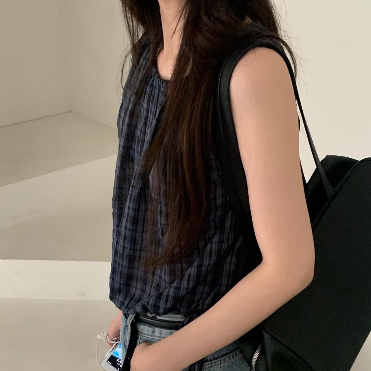있음 선적 한국 chic 여름 새로운 달콤함 체크무늬 허리 펌프 로프 슬림해 보이는 민소매 셔츠 이미지 2