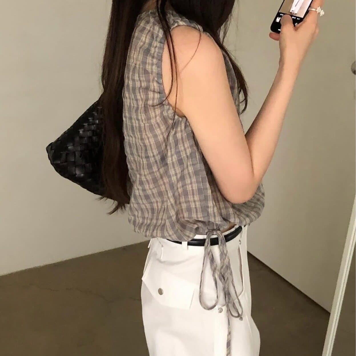 있음 선적 한국 chic 여름 새로운 달콤함 체크무늬 허리 펌프 로프 슬림해 보이는 민소매 셔츠 이미지 3