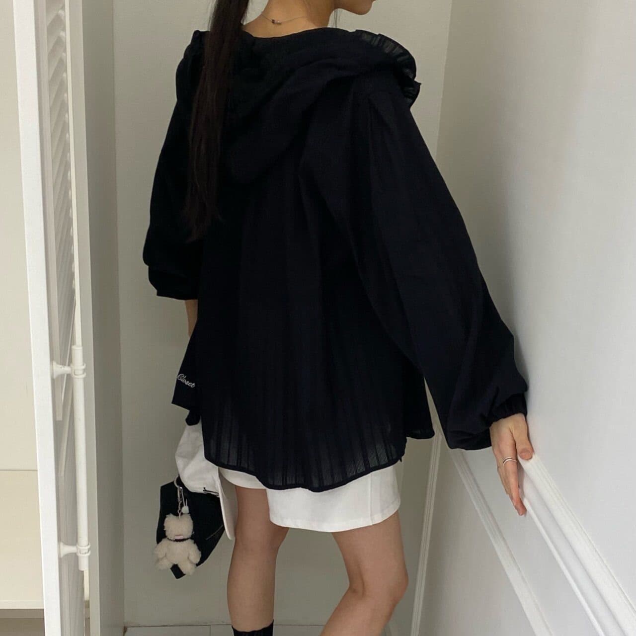 있음 선적 한국 ins 달콤함 연령 감소 자카드 프릴 패치워크 후드 자외선 차단 셔츠 이미지 2