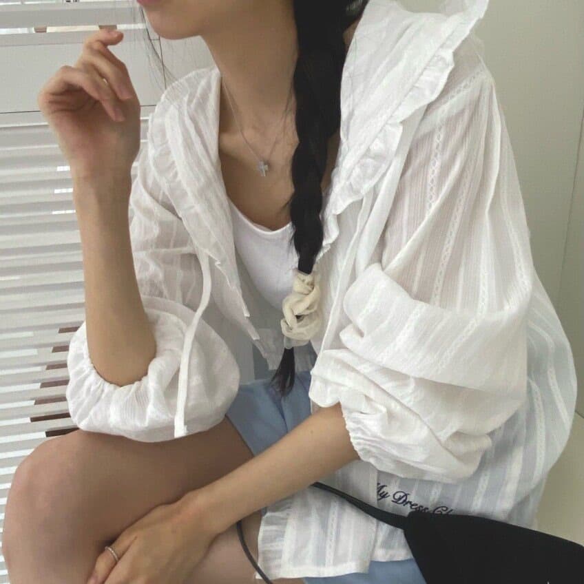 있음 선적 한국 ins 달콤함 연령 감소 자카드 프릴 패치워크 후드 자외선 차단 셔츠 상세 이미지 1