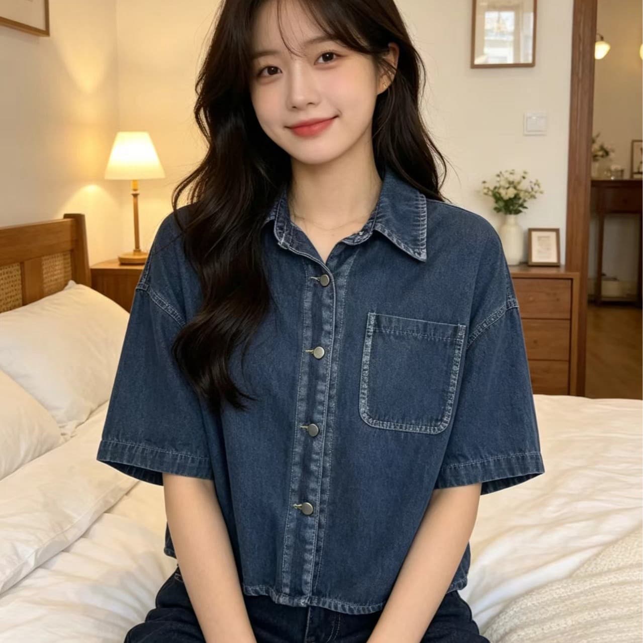 2026 초여름 새로운 캐주얼 레트로 스타일 루즈핏 쇼트 스타일 데님 여성 셔츠
