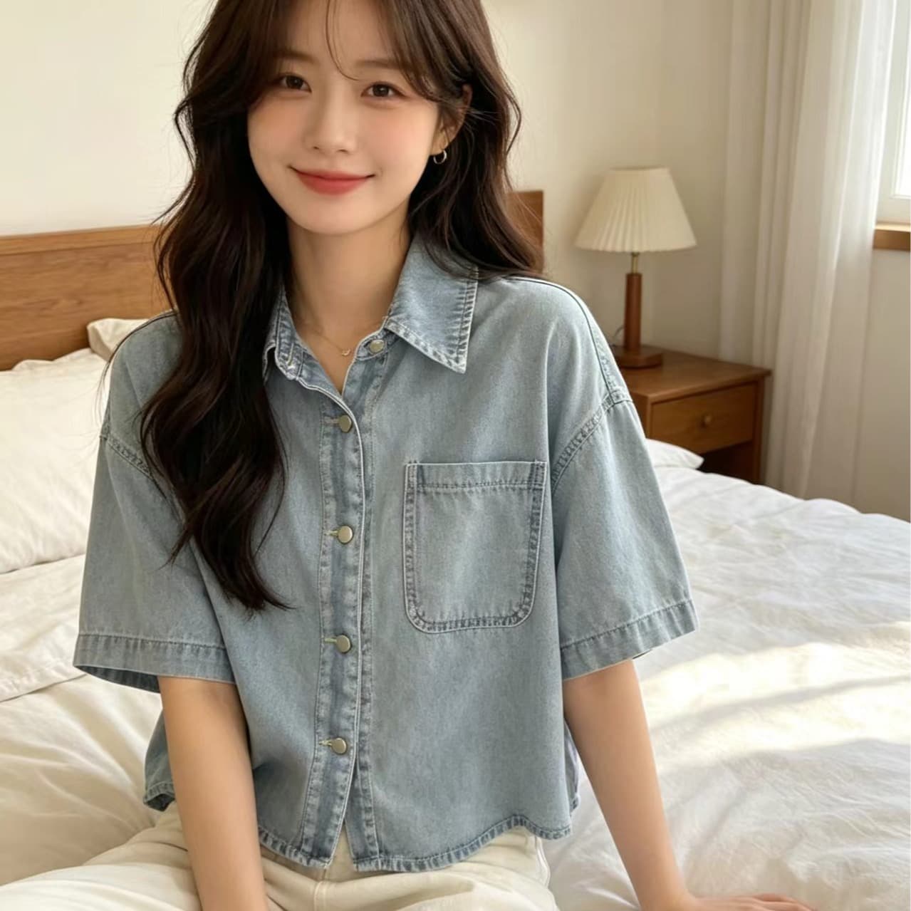 2026 초여름 새로운 캐주얼 레트로 스타일 루즈핏 쇼트 스타일 데님 여성 셔츠 이미지 2