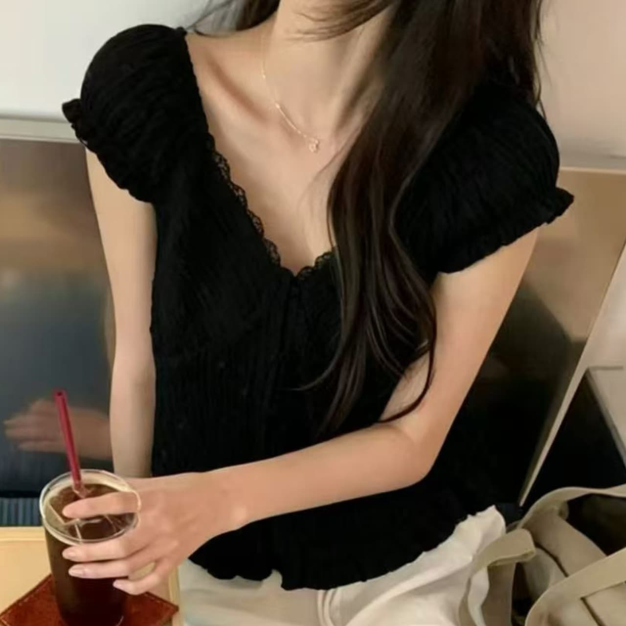 있음 선적 한 부서 여름 신선함 V넥 귀여운 연령 감소 인형 셔츠 이미지 5