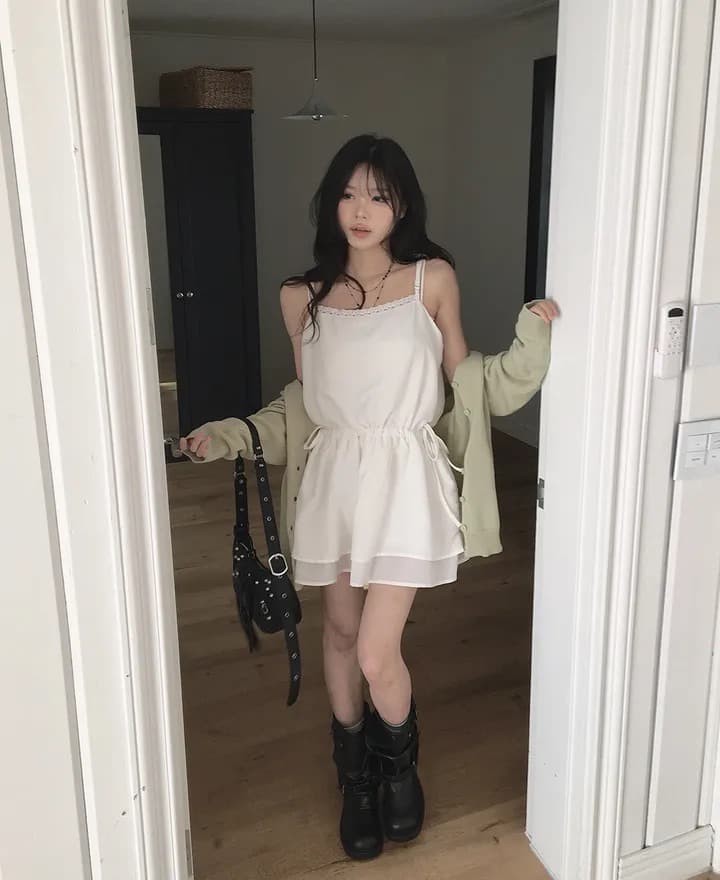 있음 선적 한국 chic 품격 다용도 패치워크 레이스 허리 펌프 로프 슬립 드레스 이미지 2