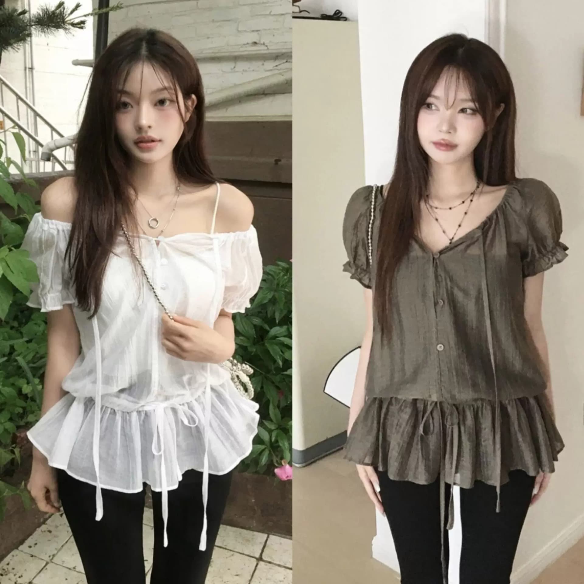 있음 선적 한국 chic 작은 대중 밑단 폐회 레이스업 오프숄더 달콤함 쉬폰 셔츠 이미지 5