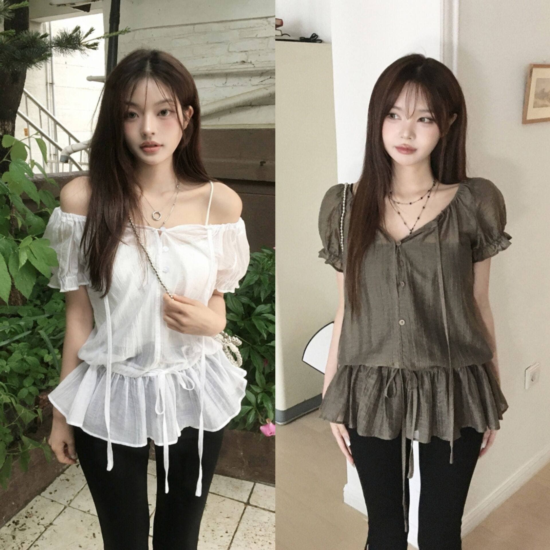 있음 선적 한국 chic 작은 대중 밑단 폐회 레이스업 오프숄더 달콤함 쉬폰 셔츠 상세 이미지 1