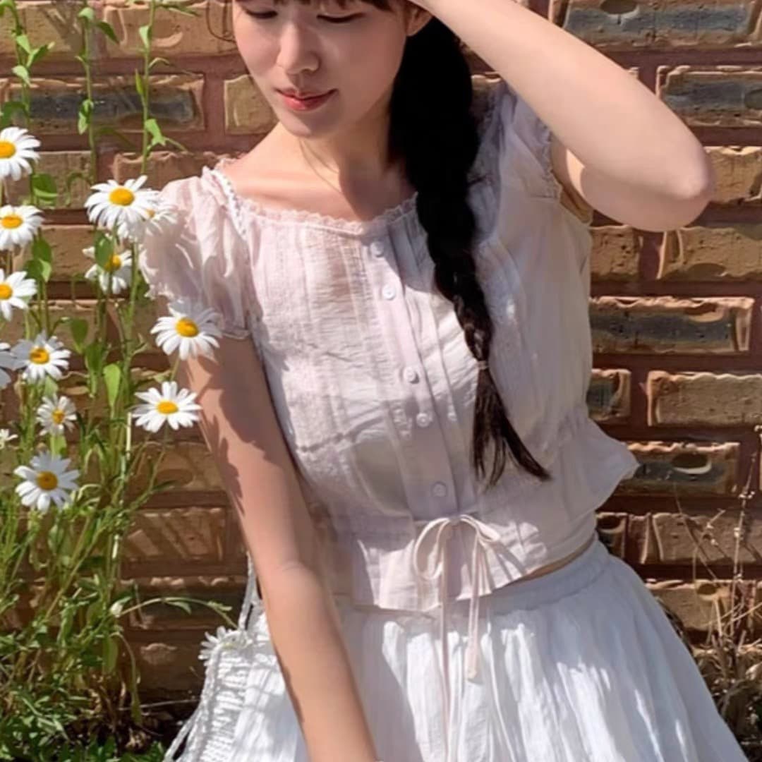 레이스 작은 레이스 부드러운 청 ~을 통해 달콤함 스트랩 짧은 셔츠 상세 이미지 1