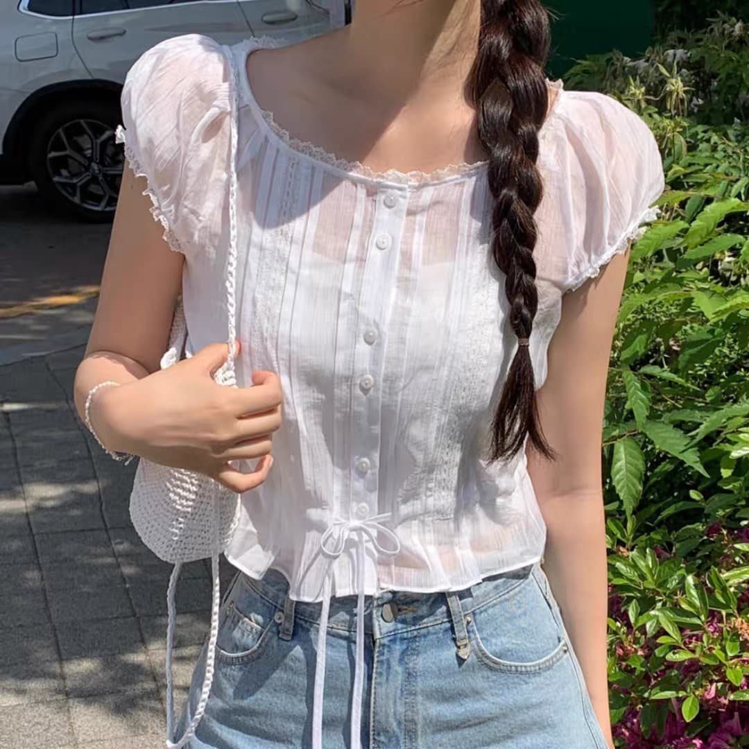 레이스 작은 레이스 부드러운 청 ~을 통해 달콤함 스트랩 짧은 셔츠 상세 이미지 10