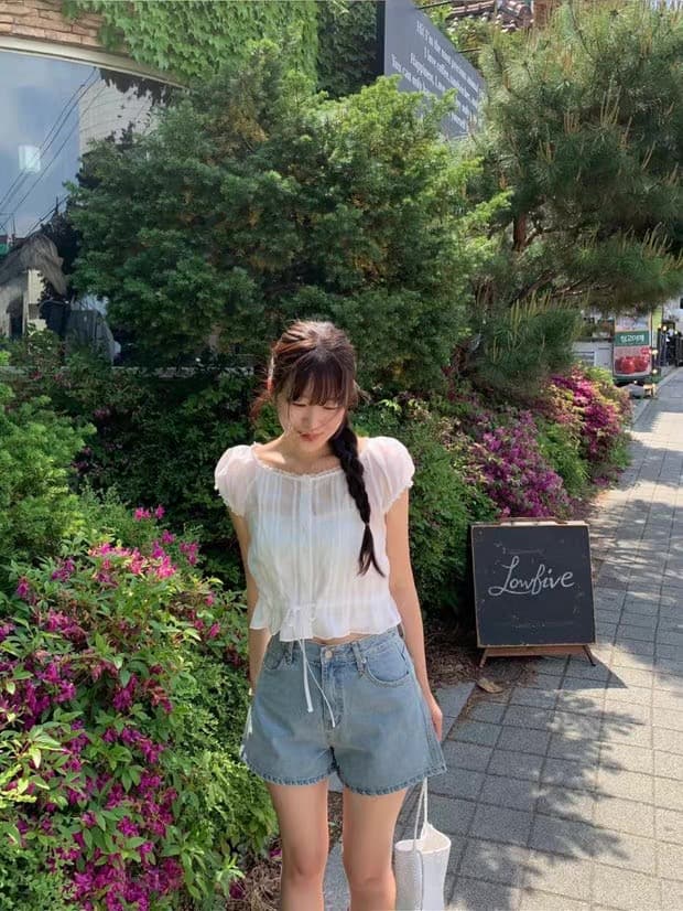 레이스 작은 레이스 부드러운 청 ~을 통해 달콤함 스트랩 짧은 셔츠 상세 이미지 12