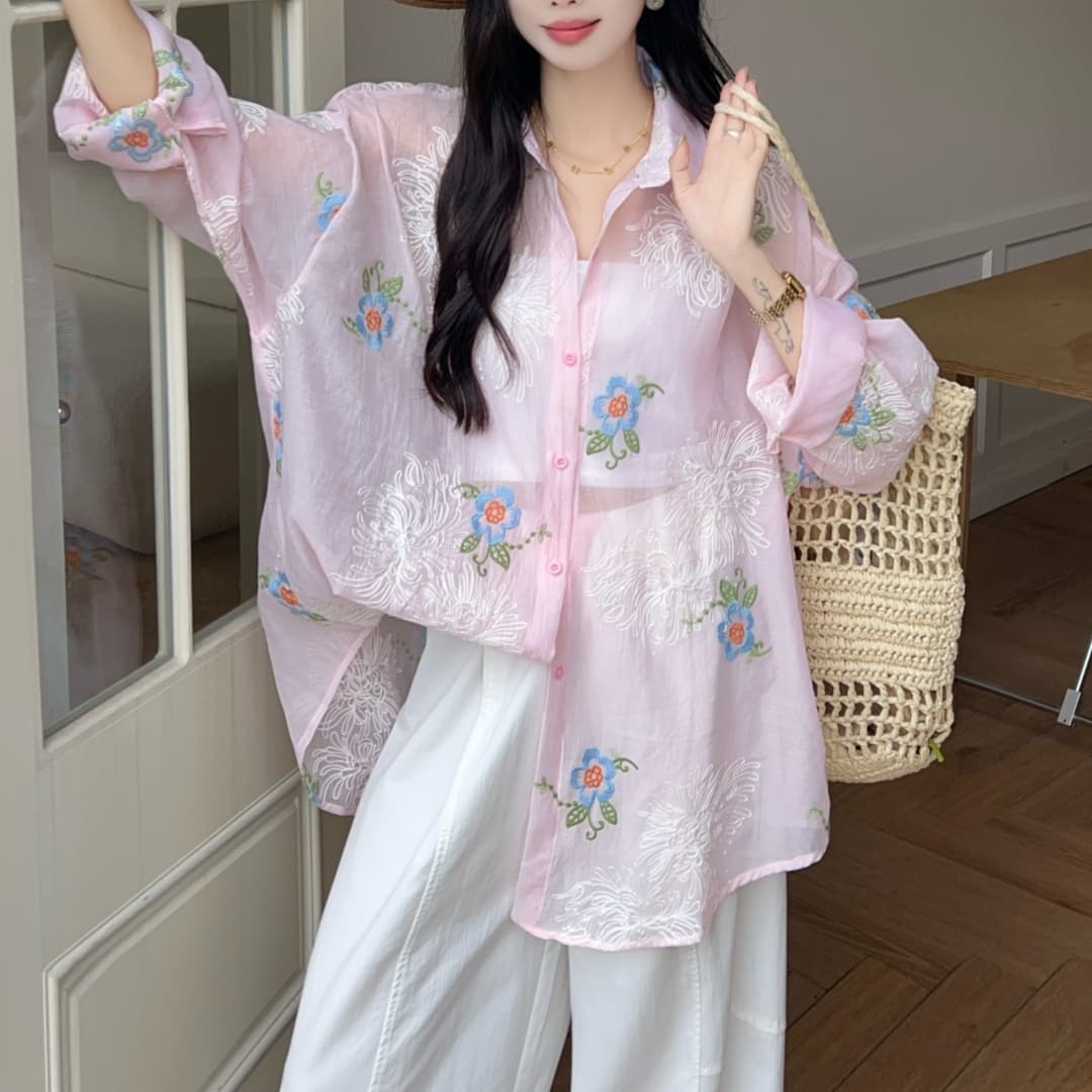 한국 스타일 자수 캐주얼 루즈핏 빅 사이즈 셔츠 다용도 자외선 차단 휴가 셔츠 여성 상세 이미지 6