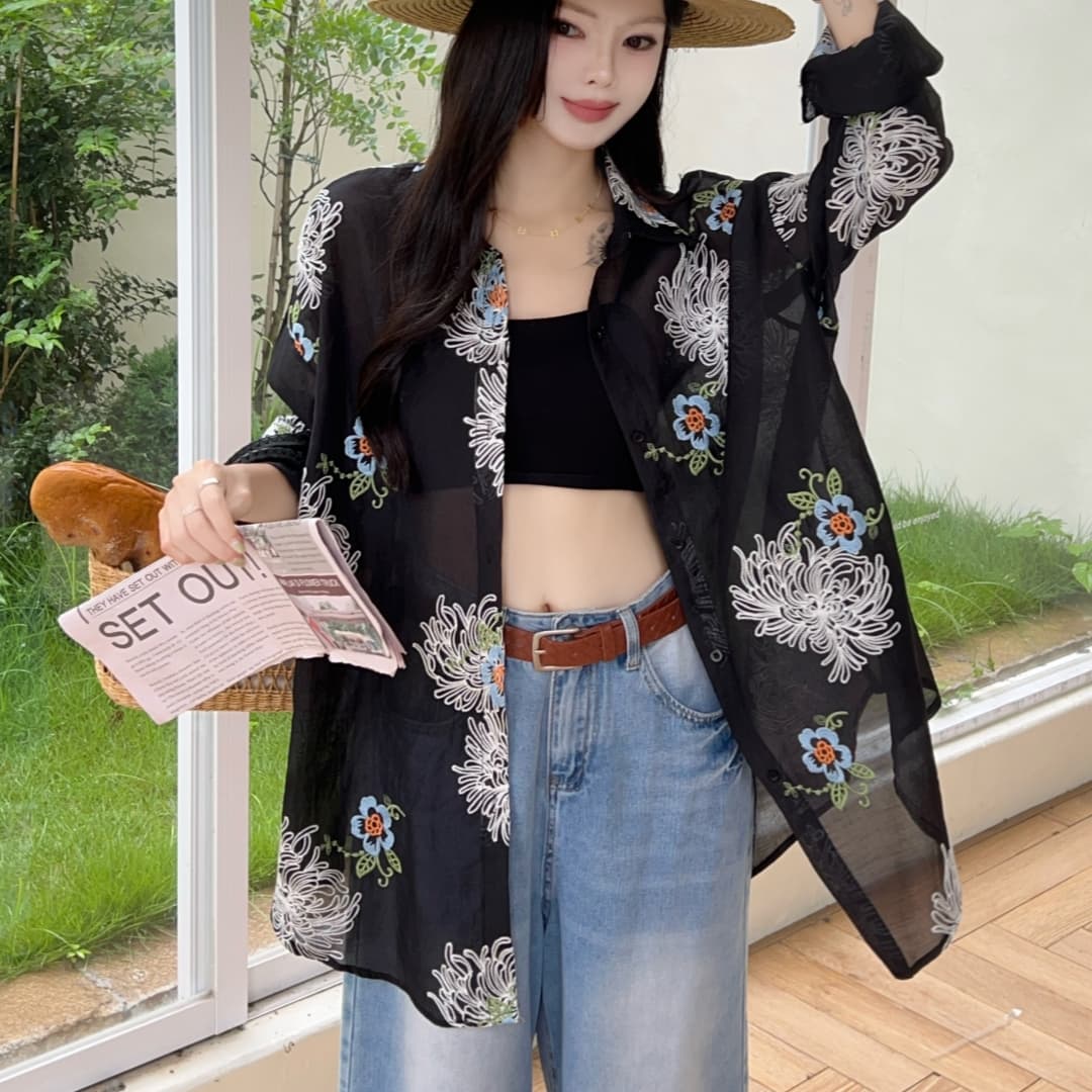 한국 스타일 자수 캐주얼 루즈핏 빅 사이즈 셔츠 다용도 자외선 차단 휴가 셔츠 여성 상세 이미지 12