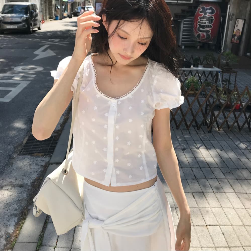 있음 선적 한국 ins 자수 자카드 광장 칼라 달콤함 반팔 셔츠