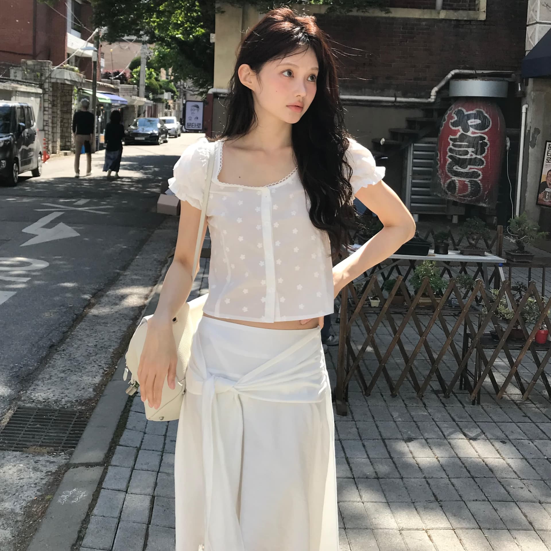 있음 선적 한국 ins 자수 자카드 광장 칼라 달콤함 반팔 셔츠 이미지 5
