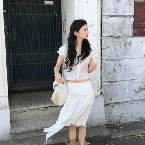 있음 선적 한국 ins 자수 자카드 광장 칼라 달콤함 반팔 셔츠 상세 이미지 1