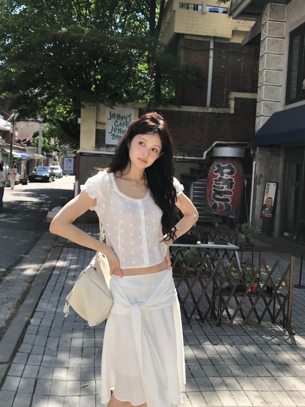 있음 선적 한국 ins 자수 자카드 광장 칼라 달콤함 반팔 셔츠 상세 이미지 3