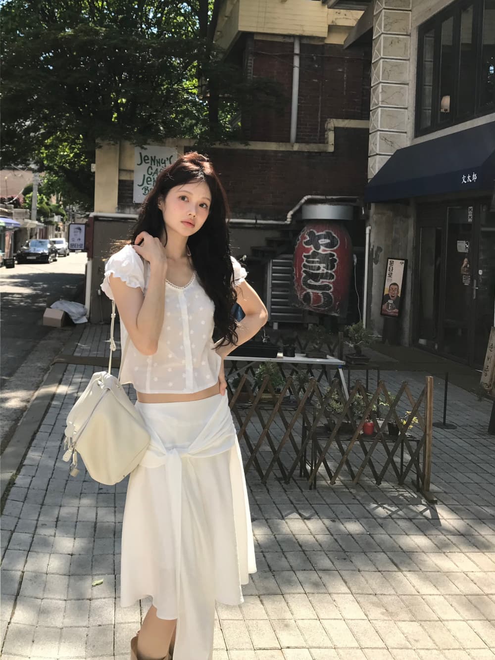 있음 선적 한국 ins 자수 자카드 광장 칼라 달콤함 반팔 셔츠 상세 이미지 4