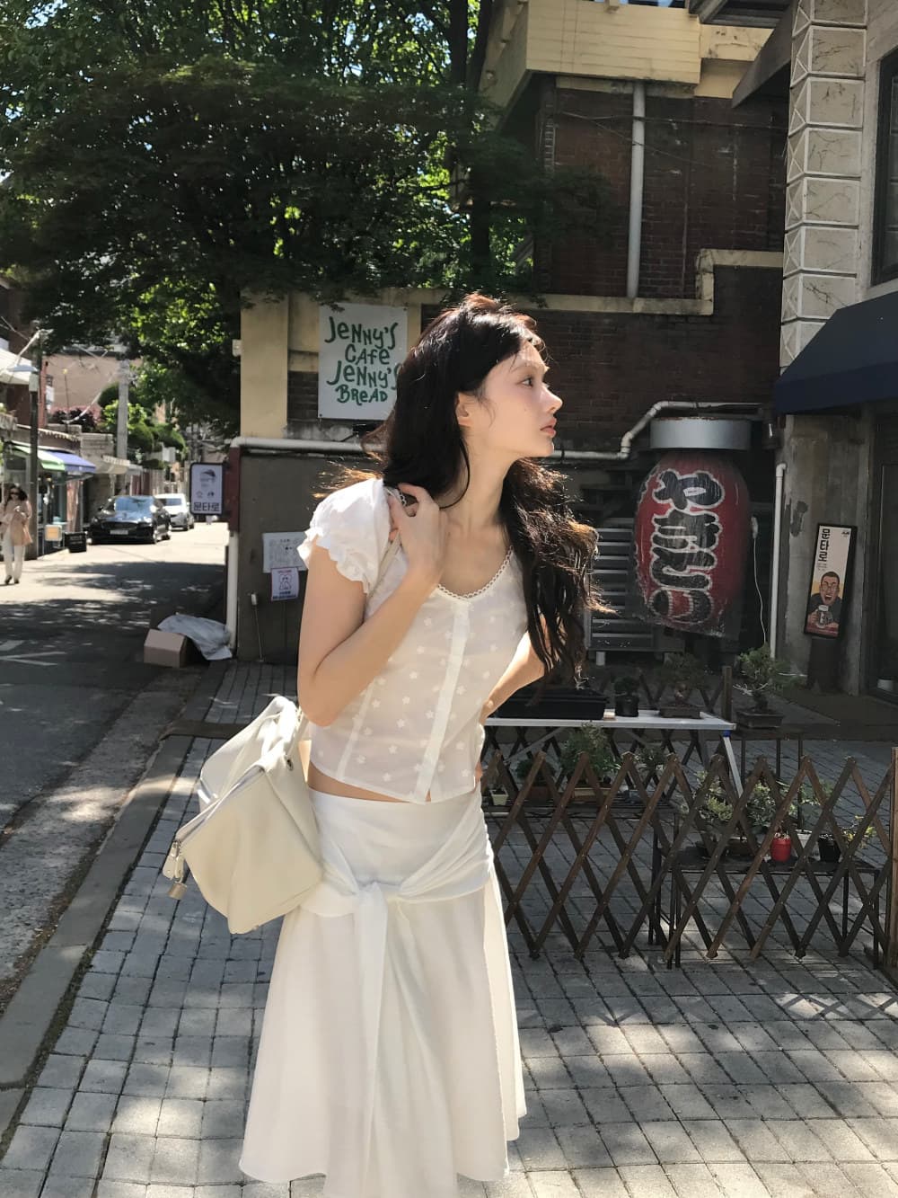 있음 선적 한국 ins 자수 자카드 광장 칼라 달콤함 반팔 셔츠 상세 이미지 5