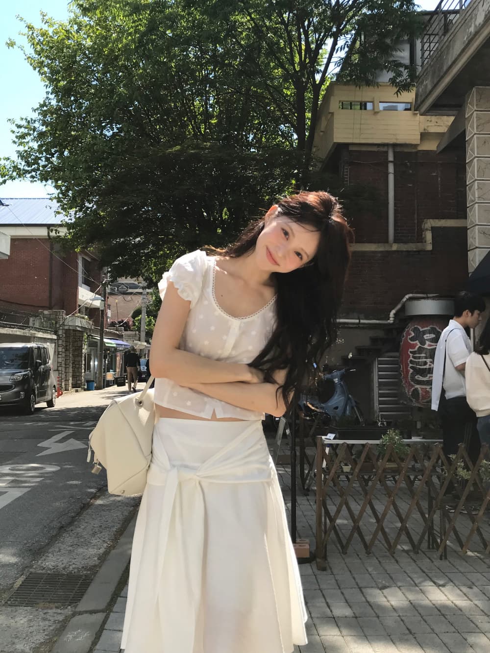 있음 선적 한국 ins 자수 자카드 광장 칼라 달콤함 반팔 셔츠 상세 이미지 8