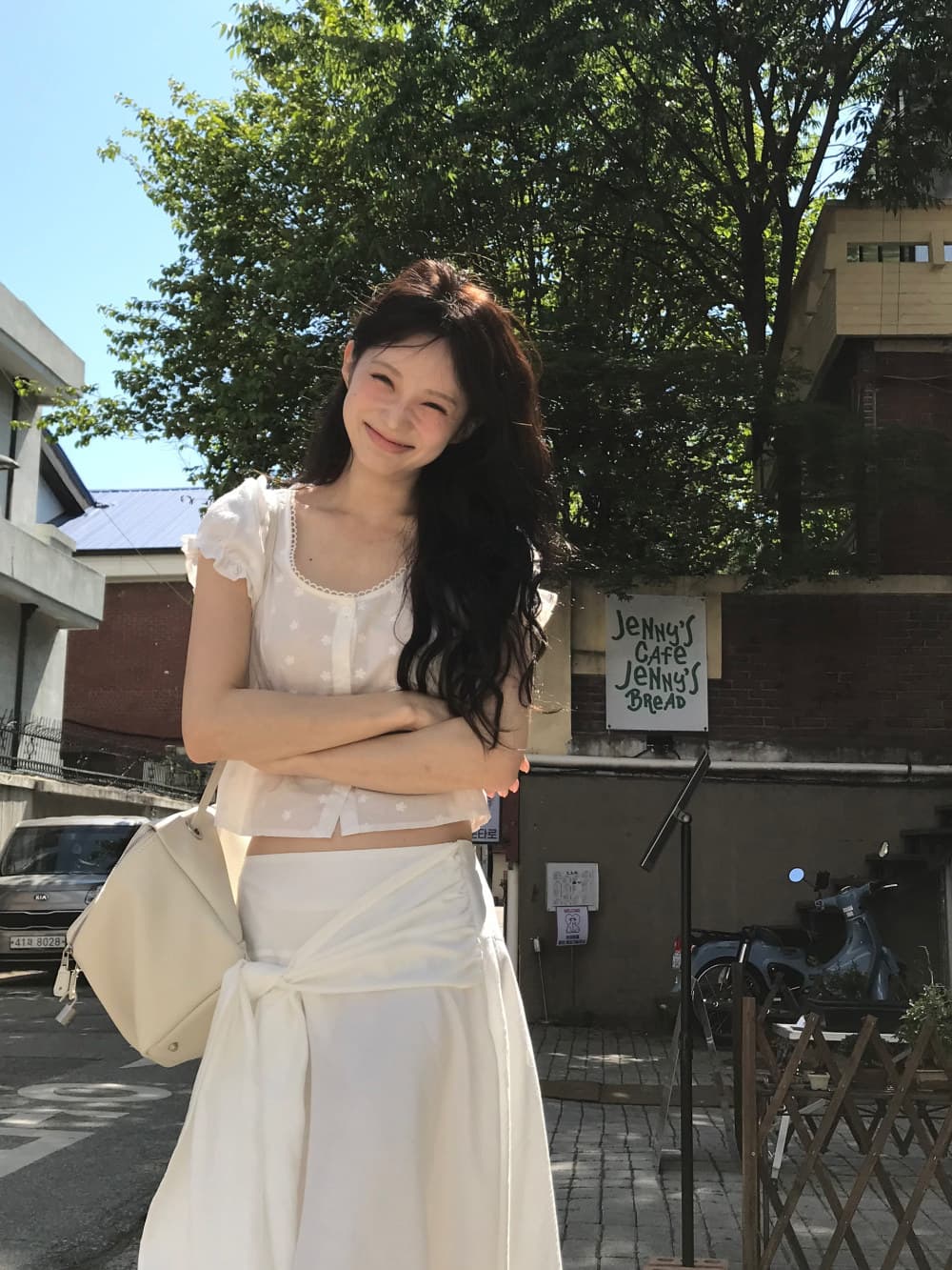 있음 선적 한국 ins 자수 자카드 광장 칼라 달콤함 반팔 셔츠 상세 이미지 10