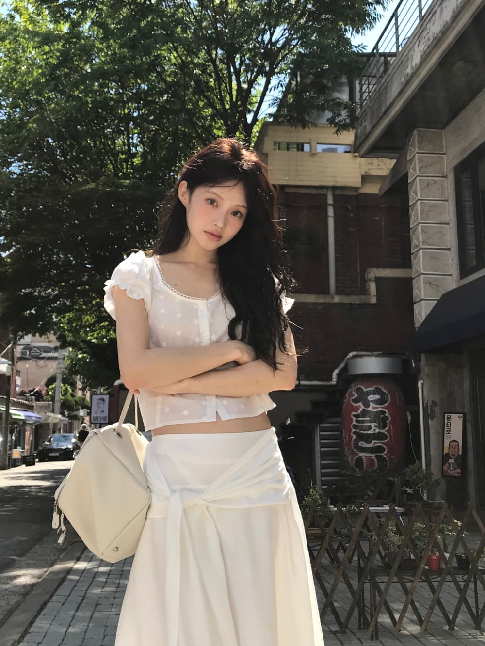 있음 선적 한국 ins 자수 자카드 광장 칼라 달콤함 반팔 셔츠 상세 이미지 11