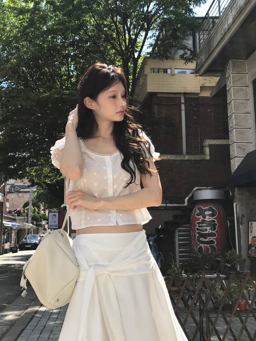 있음 선적 한국 ins 자수 자카드 광장 칼라 달콤함 반팔 셔츠 상세 이미지 17