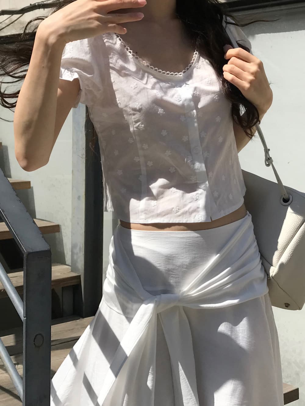있음 선적 한국 ins 자수 자카드 광장 칼라 달콤함 반팔 셔츠 상세 이미지 20