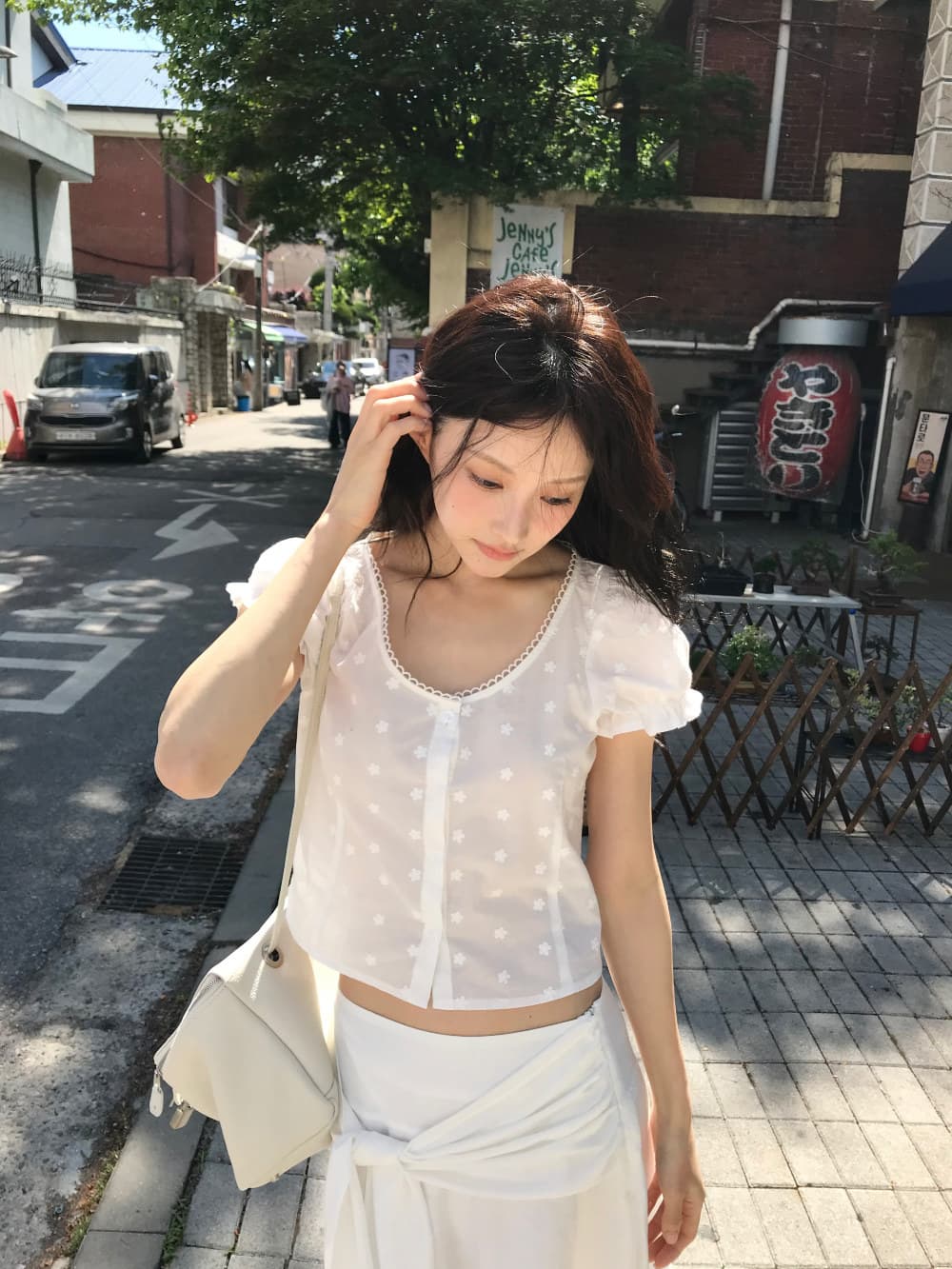 있음 선적 한국 ins 자수 자카드 광장 칼라 달콤함 반팔 셔츠 상세 이미지 23