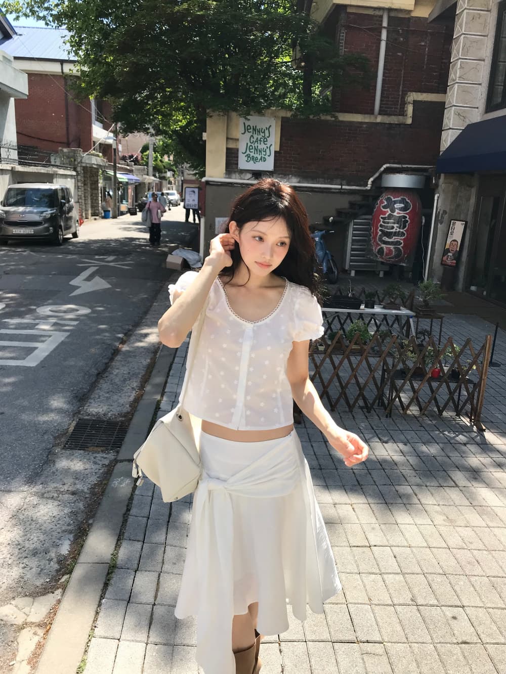 있음 선적 한국 ins 자수 자카드 광장 칼라 달콤함 반팔 셔츠 상세 이미지 24